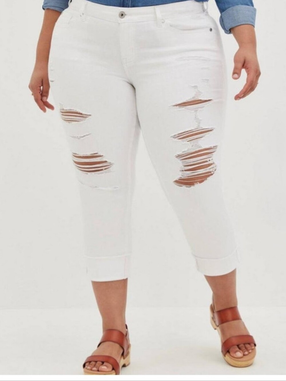 Torrid Denim White Boyfriend Crop Pant Stretch  Ripped Mid-Rise Fashion Sz16